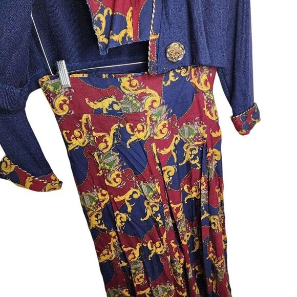 Vintage 90s Pant Set Cropped Knit Blazer Baroque WIde Leg Palazzo Womens L Blue - Picture 8 of 11